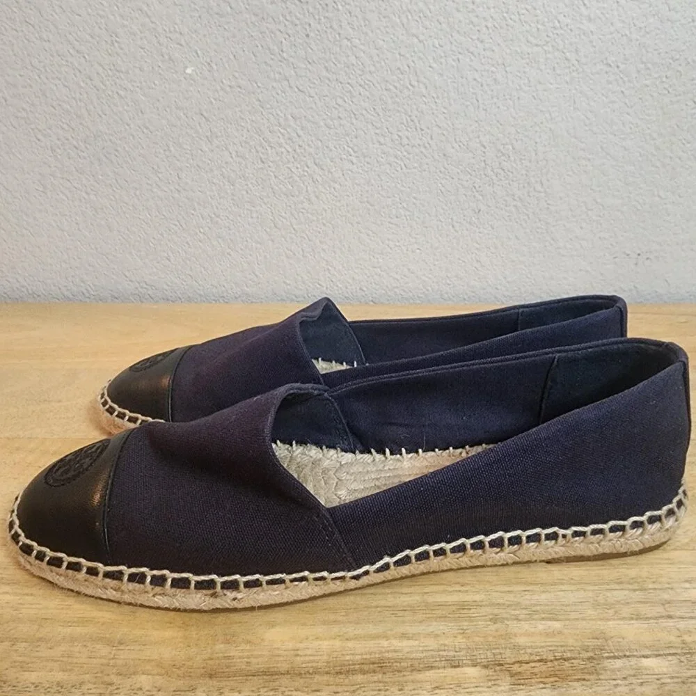 Tory Burch Shoes Womens Size 8 Navy Black Espadrille Flats Leather Cap Toe Logo